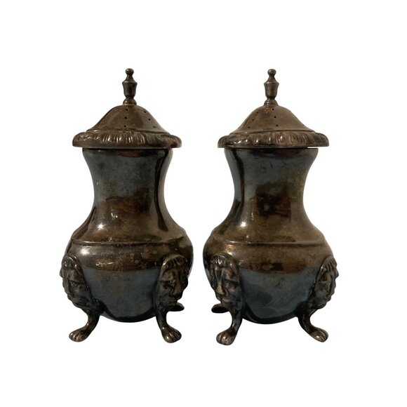 Lions Head Footed Antique Ornate Silver Plated Salt & Pepper Shakers Monogrammed - Picture 3 of 8